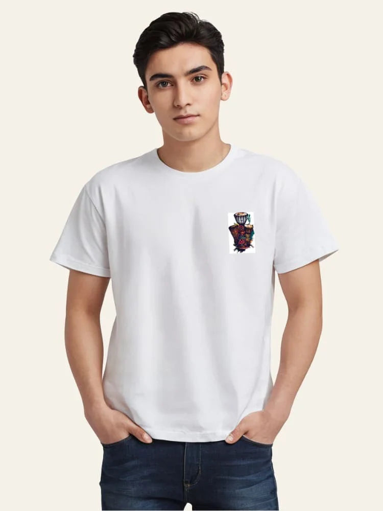 Man wearing a white t-shirt with a colorful graphic on a beige background