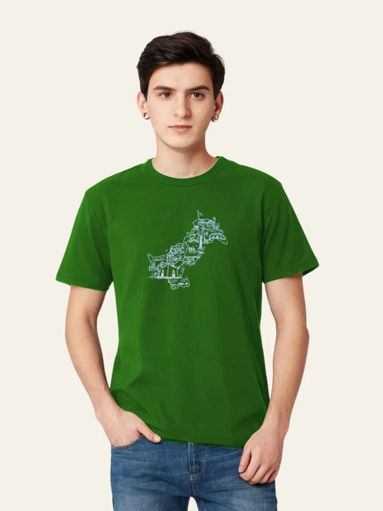 Person wearing a green t-shirt with a white graphic design on a plain background