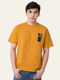 Person wearing a mustard yellow t-shirt with a graphic design on a plain background Graphic Yellow Drop Shoulder Axe Man T-Shirt Royal Outfits
