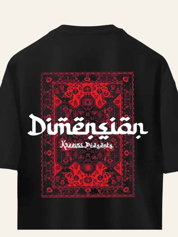 Black t-shirt with red and white graphic design on the back