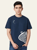 Person wearing a navy blue t-shirt with white designs on a plain background Graphic Navy Blue Drop Shoulder Caligraphy T-Shirt Royal Outfits